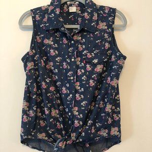 Levi Cotton Denim Floral Tie Front Button Up Tank